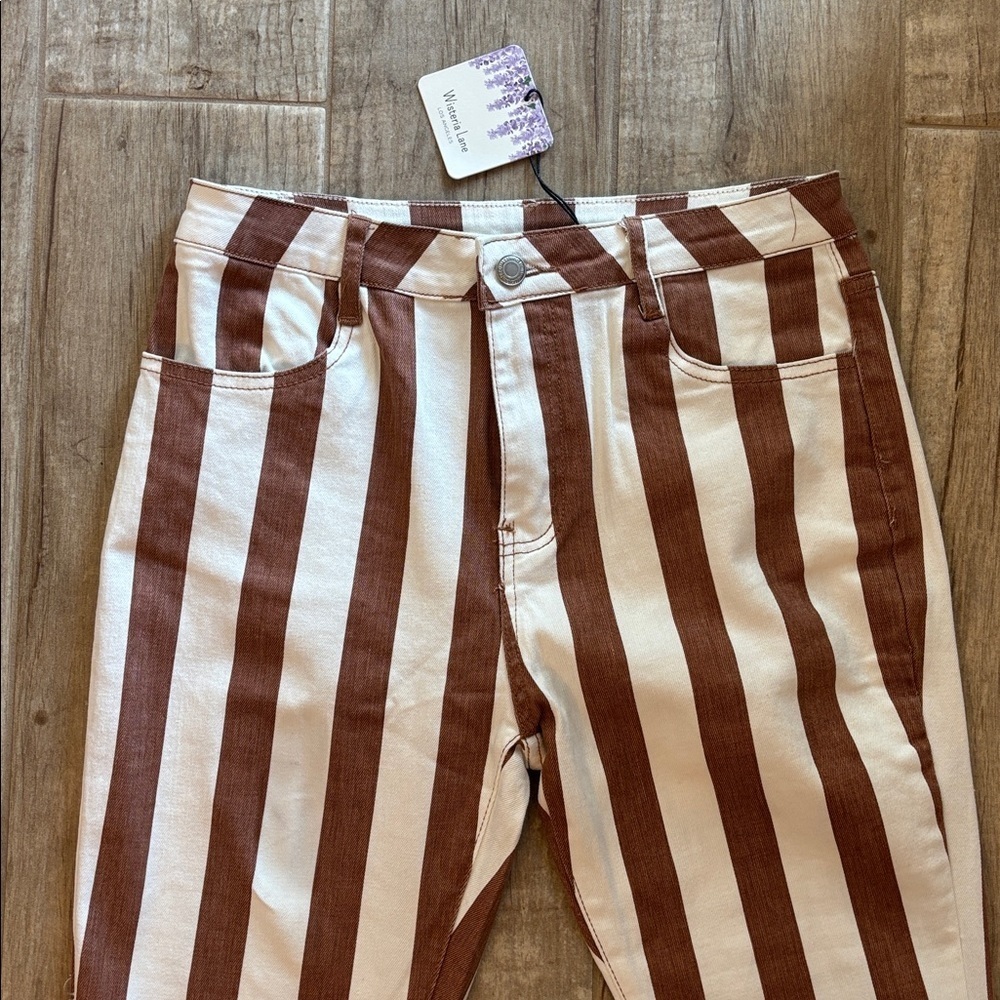 Wysteria Lane Brown & White Striped High-rise, flare jeans with a raw/frayed hem - Picture 3 of 5